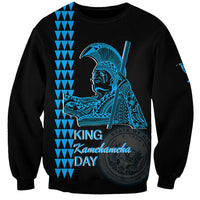 Unisex crewneck sweatshirt, black with blue King Kamehameha Day graphic front