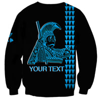 Unisex crewneck sweatshirt, black with blue portrait and YOUR TEXT back print