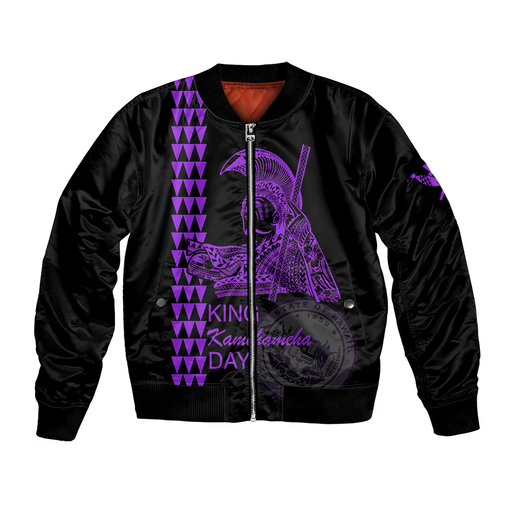 Purple bomber jacket with front zipper and purple King Kamehameha graphic