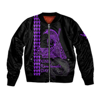 Purple bomber jacket with front zipper and purple King Kamehameha graphic