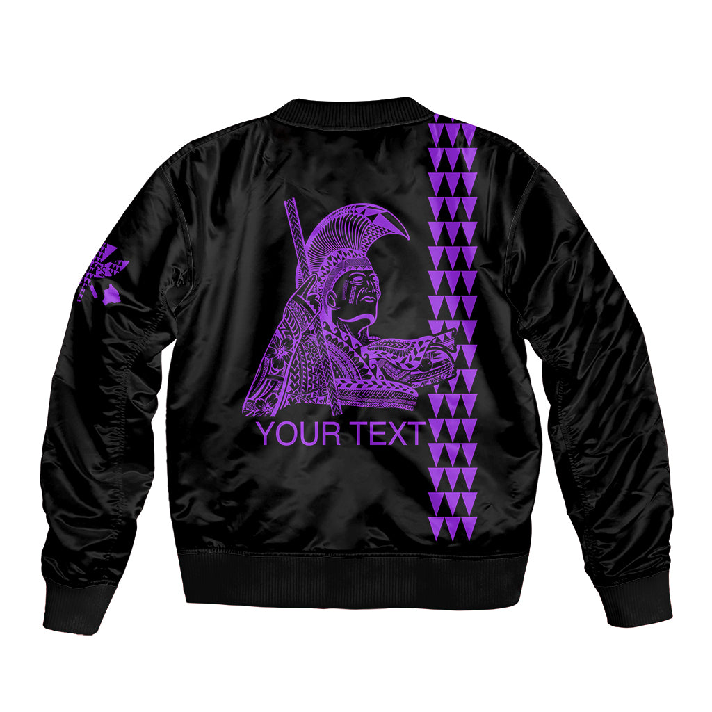 Purple bomber jacket back with purple geometric and rider graphic, customizable text