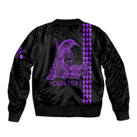 Purple bomber jacket back with purple geometric and rider graphic, customizable text