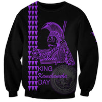 Unisex sweatshirt, black with purple King Kamehameha Day graphic and patterned border