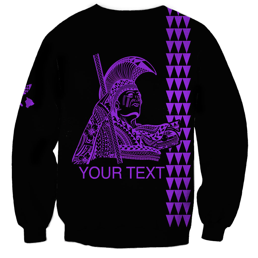 Unisex sweatshirt, black with purple King Kamehameha graphic and vertical zigzag pattern, 'YOUR TEXT'