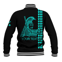 Unisex black baseball jacket back with turquoise tribal graphic, striped ribbed hem and cuffs