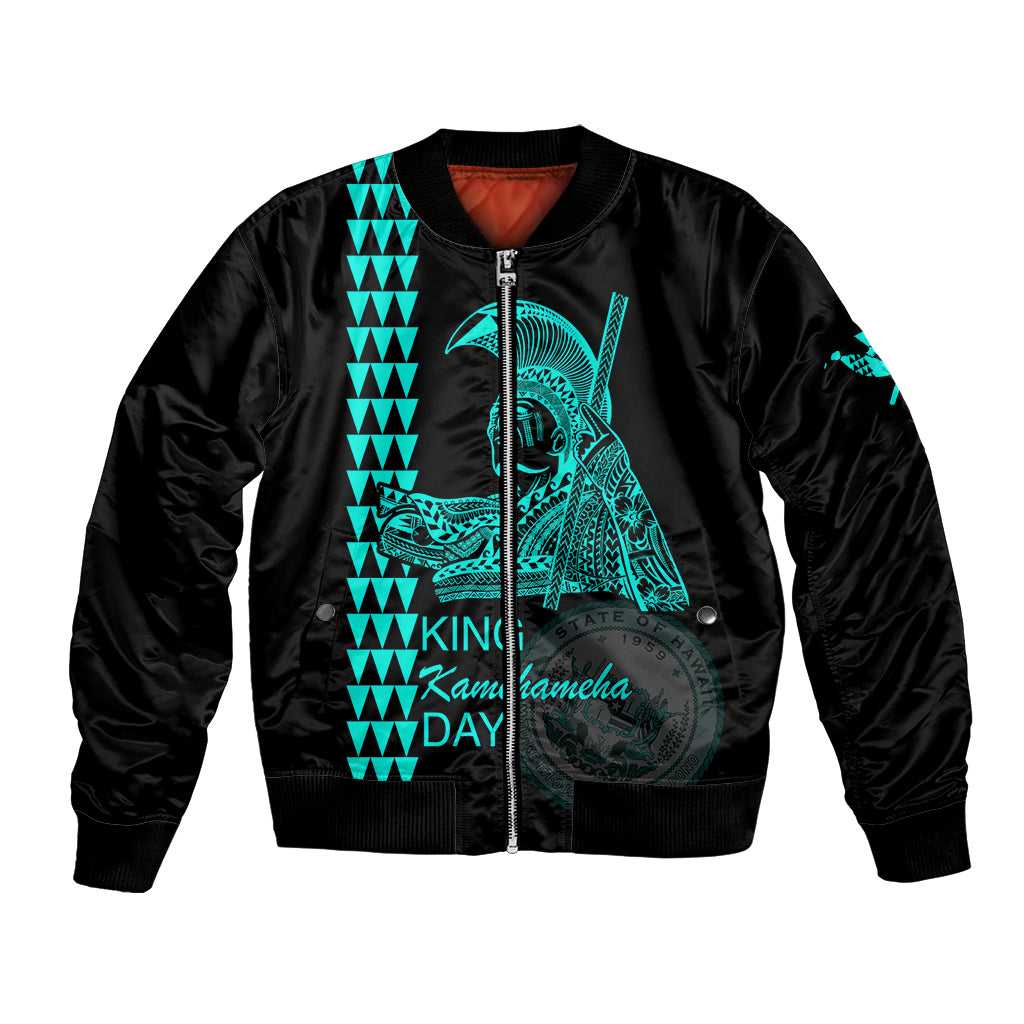 Unisex black bomber jacket with teal graphic panel and front zipper