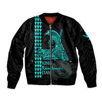 Unisex black bomber jacket with teal graphic panel and front zipper