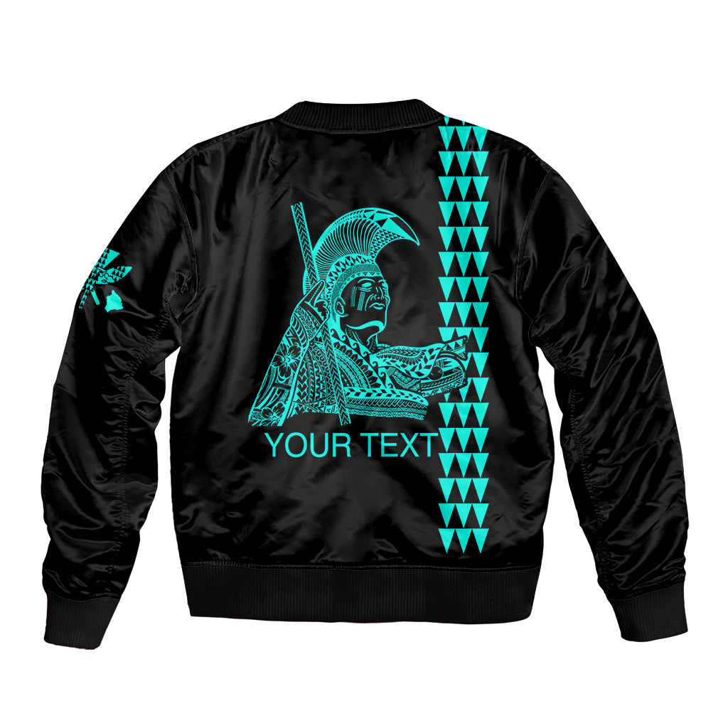 Unisex black bomber jacket with teal back graphic and 'YOUR TEXT' print