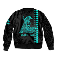 Unisex black bomber jacket with teal back graphic and 'YOUR TEXT' print