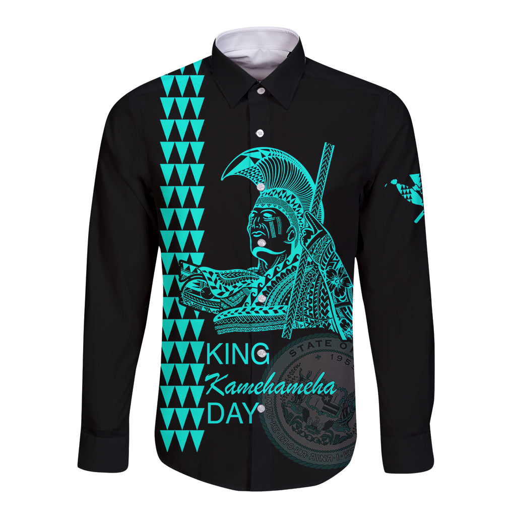 Long-sleeve button-up shirt with teal King Kamehameha Day graphic on black