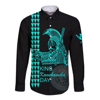 Long-sleeve button-up shirt with teal King Kamehameha Day graphic on black