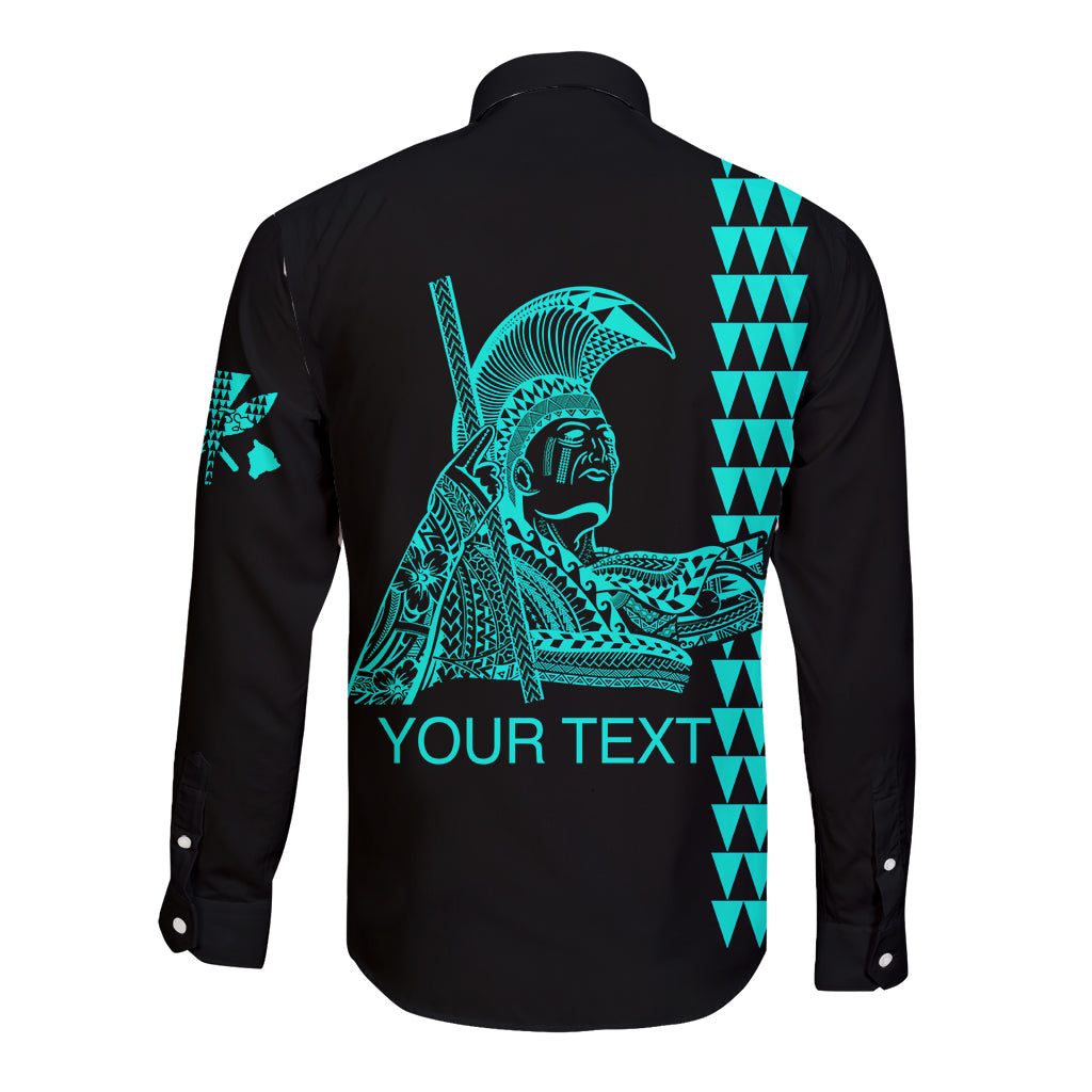 Long-sleeve button-up shirt with teal back graphic and 'YOUR TEXT' on black