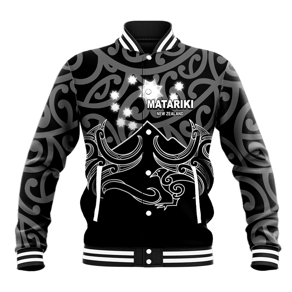 Black baseball jacket with white Maori-style graphic, ribbed striped collar and cuffs