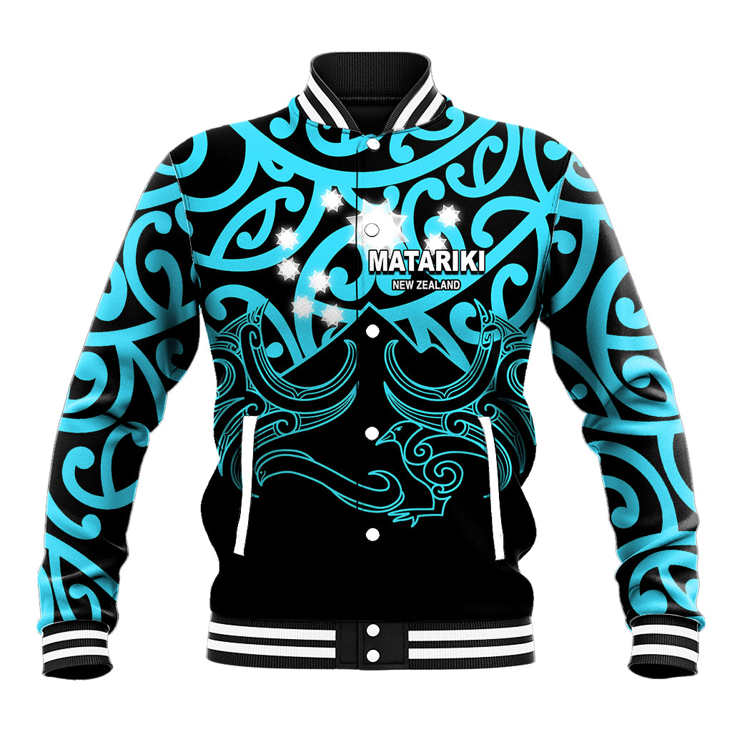 Unisex baseball jacket, light blue/black tribal swirl graphic, striped ribbed trim