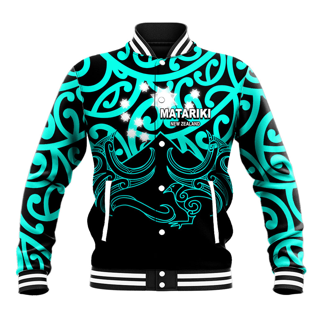 Turquoise and black baseball jacket with Maori-inspired graphic, ribbed collar and cuffs