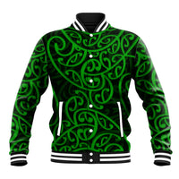 Green baseball jacket with tribal Maori-style swirl pattern, snap-front and ribbed cuffs
