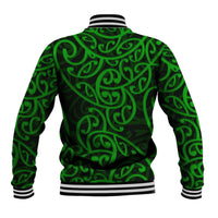 Green baseball jacket back with tribal Maori-style swirl pattern, striped rib hem and collar