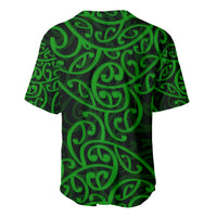 Green baseball jersey with Maori-style tribal pattern, V-neck collar and short sleeves