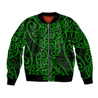 Green patterned bomber jacket with full-zip front, ribbed collar, cuffs, and hem