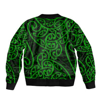 Back view bomber jacket with green Maori-style swirls, ribbed cuffs and hem