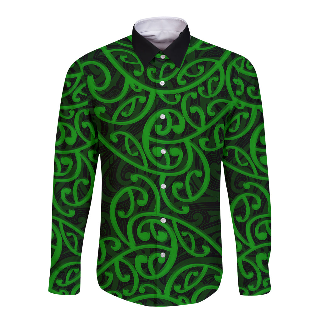 Green long-sleeve button shirt with Maori pattern, front view