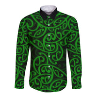 Green long-sleeve button shirt with Maori pattern, front view