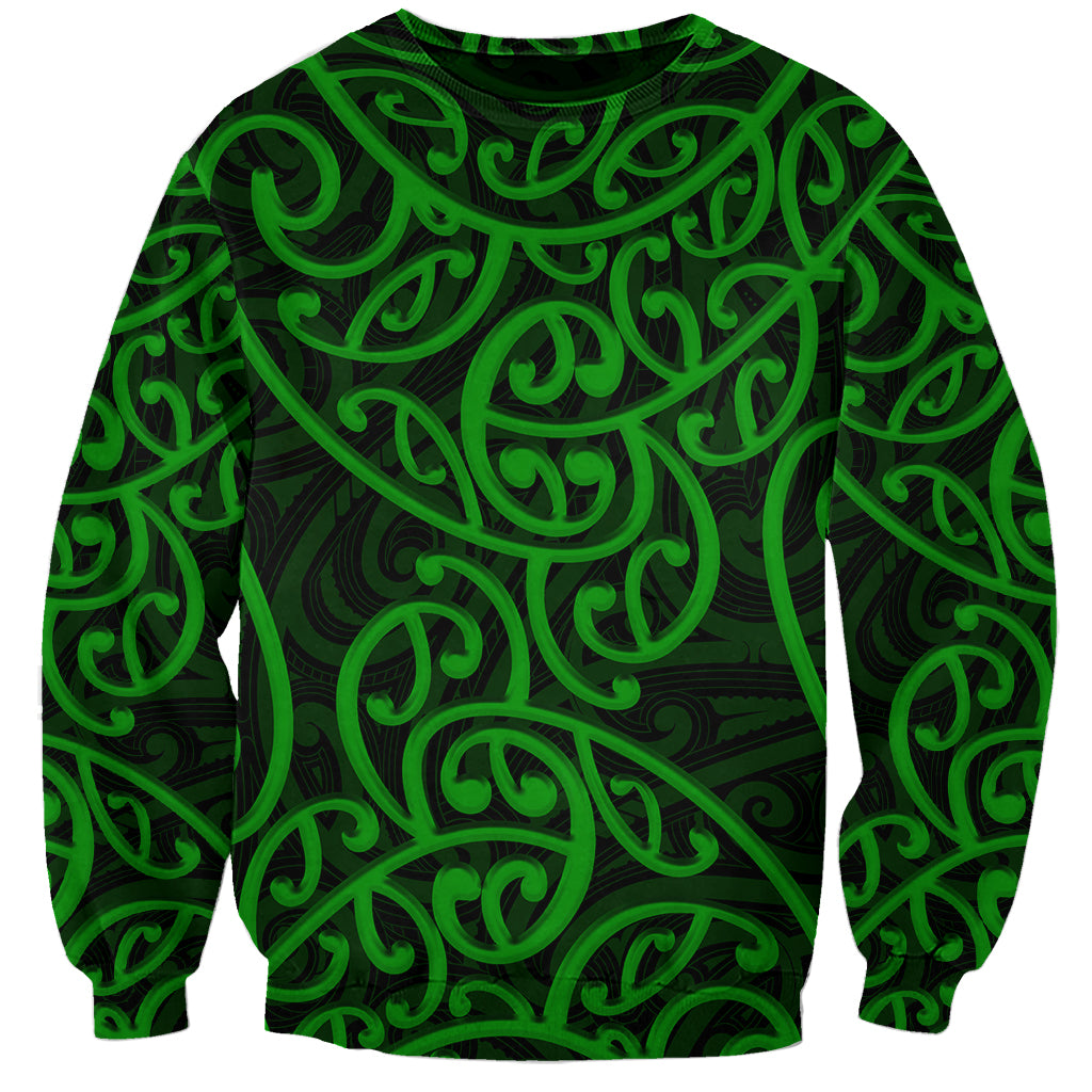 Green crewneck pullover sweatshirt with black and green swirl pattern