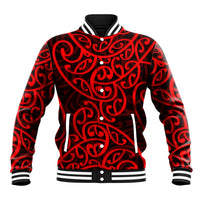 Red baseball jacket with black Maori-style swirling pattern, snap front and ribbed cuffs