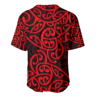 Back of red and black baseball jersey with Maori-style swirl pattern, short sleeves