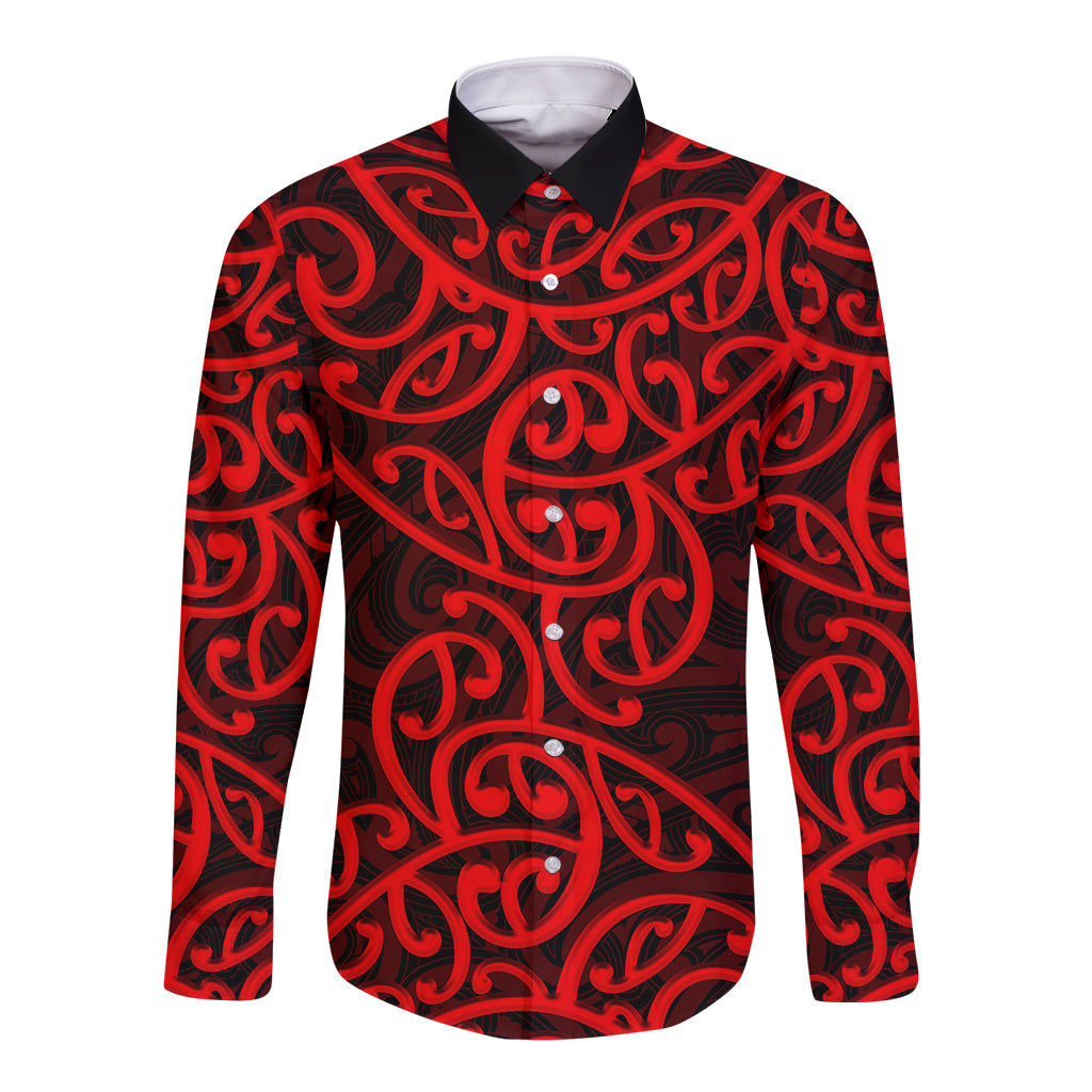 Red long-sleeve button shirt with black Maori swirl pattern and pointed collar