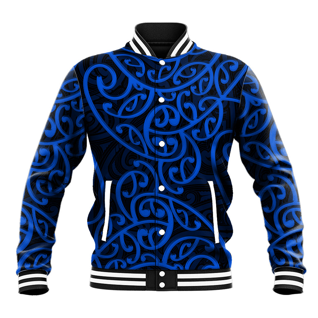 Blue varsity baseball jacket with Maori-style swirl front, snap button placket and striped trim