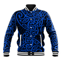 Blue varsity baseball jacket with Maori-style swirl front, snap button placket and striped trim