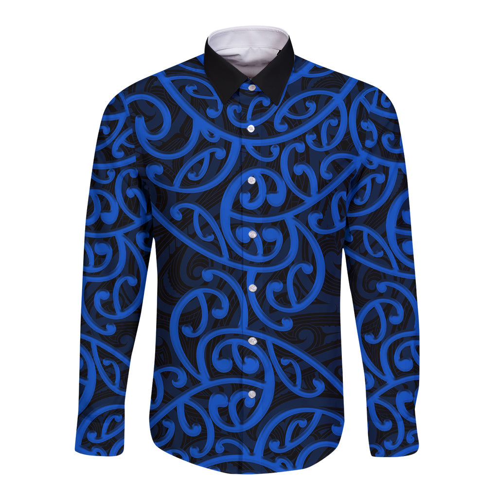 Blue long-sleeve button shirt with black collar and swirling Maori pattern