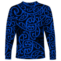 Long-sleeve Maori pattern shirt, dark navy base with blue swirling motifs
