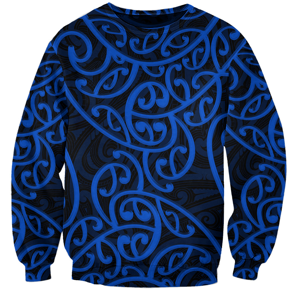 Dark and blue swirling pattern crewneck sweatshirt with long sleeves