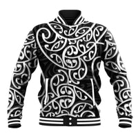 Baseball jacket with black-and-white Maori-style swirl pattern, striped rib collar and cuffs