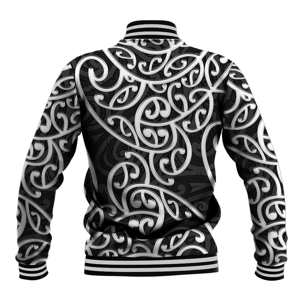 Baseball jacket with black-and-white Maori-style swirl pattern, ribbed collar and striped hem