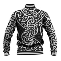 Baseball jacket with black-and-white Maori-style swirl pattern, ribbed collar and striped hem