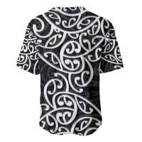 Baseball jersey with white swirling tribal pattern on black, short sleeves and crew neck.