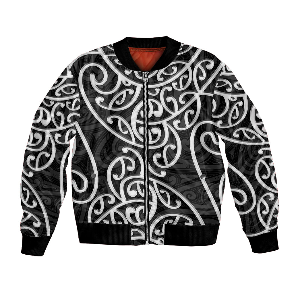 Bomber jacket with black-and-white swirling Maori-style pattern, front zip, ribbed cuffs
