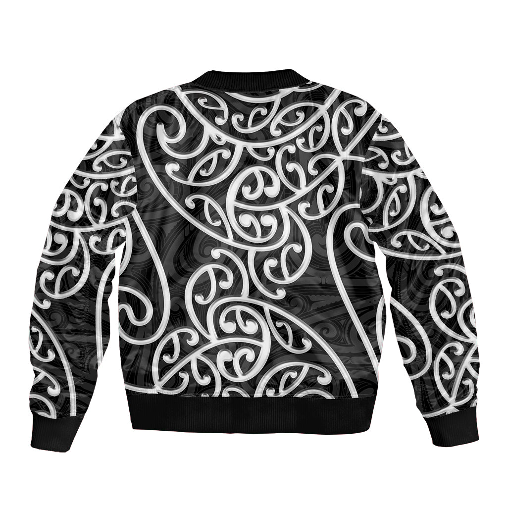 Bomber jacket with back Maori-style swirls in black and white, ribbed hem and cuffs
