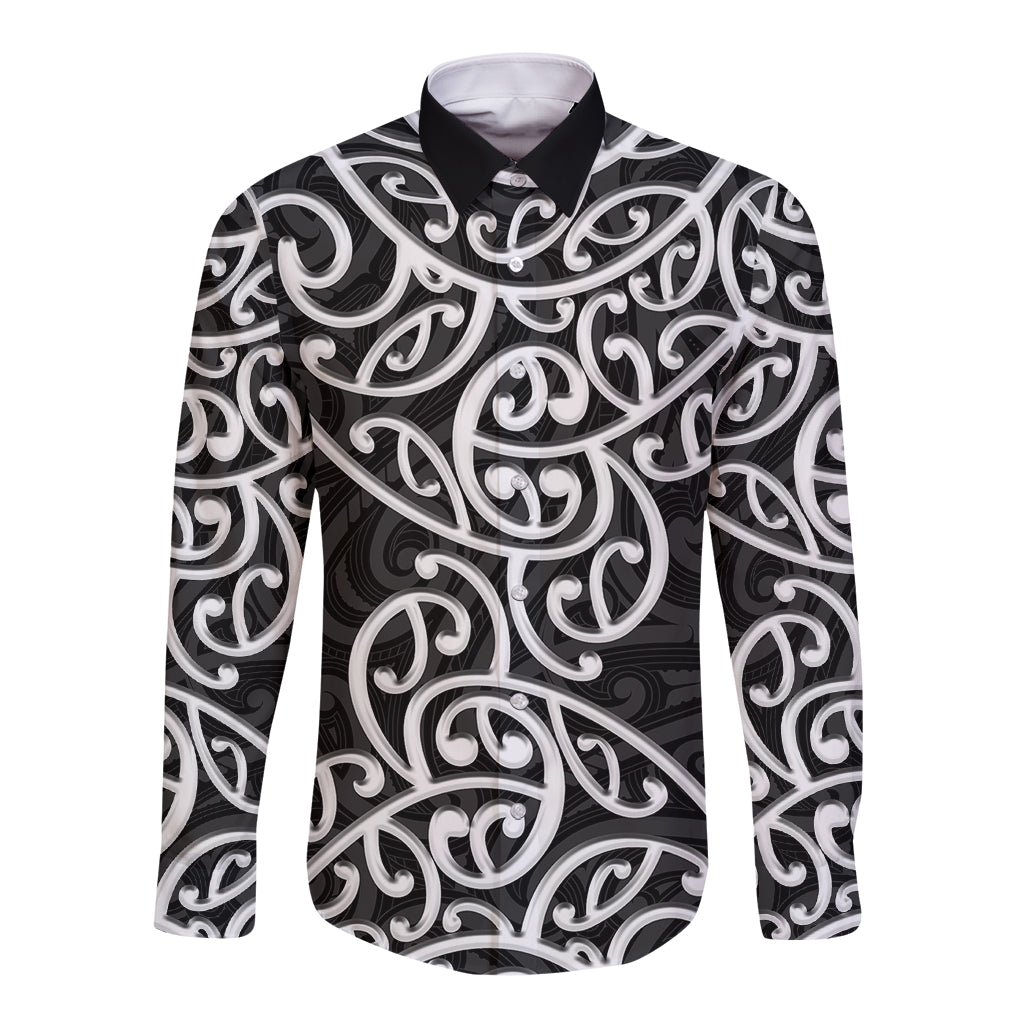 Long-sleeve button shirt with Maori swirl pattern, black-and-white, pointed collar