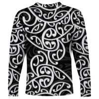 Long-sleeve shirt with all-over black-and-white Maori swirl pattern, crew neck