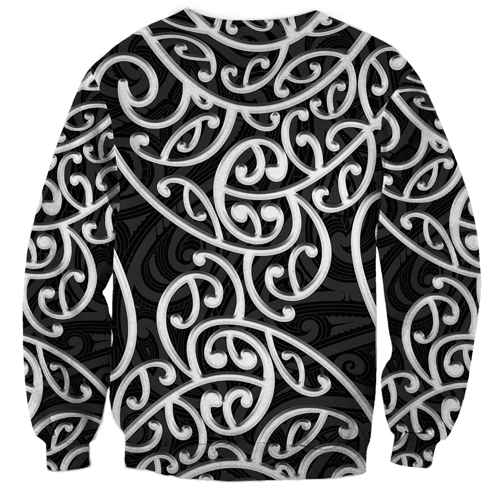 Unisex crewneck sweatshirt, long sleeves, black-and-white swirling Maori pattern