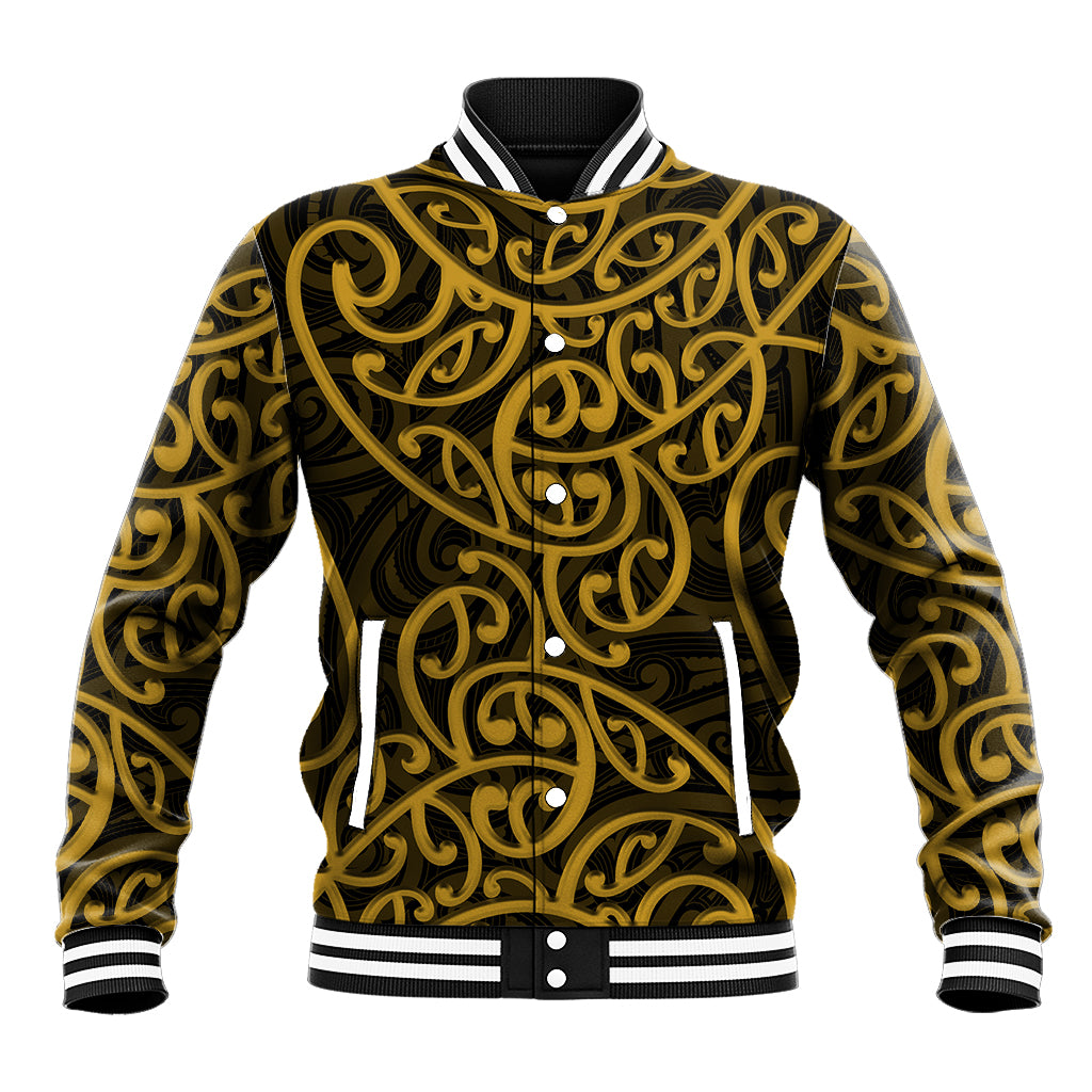 Gold-and-black baseball jacket with Maori-style swirl print, striped ribbed collar and cuffs