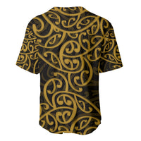 Gold and black baseball jersey back with Maori swirl pattern, short sleeves and crew collar