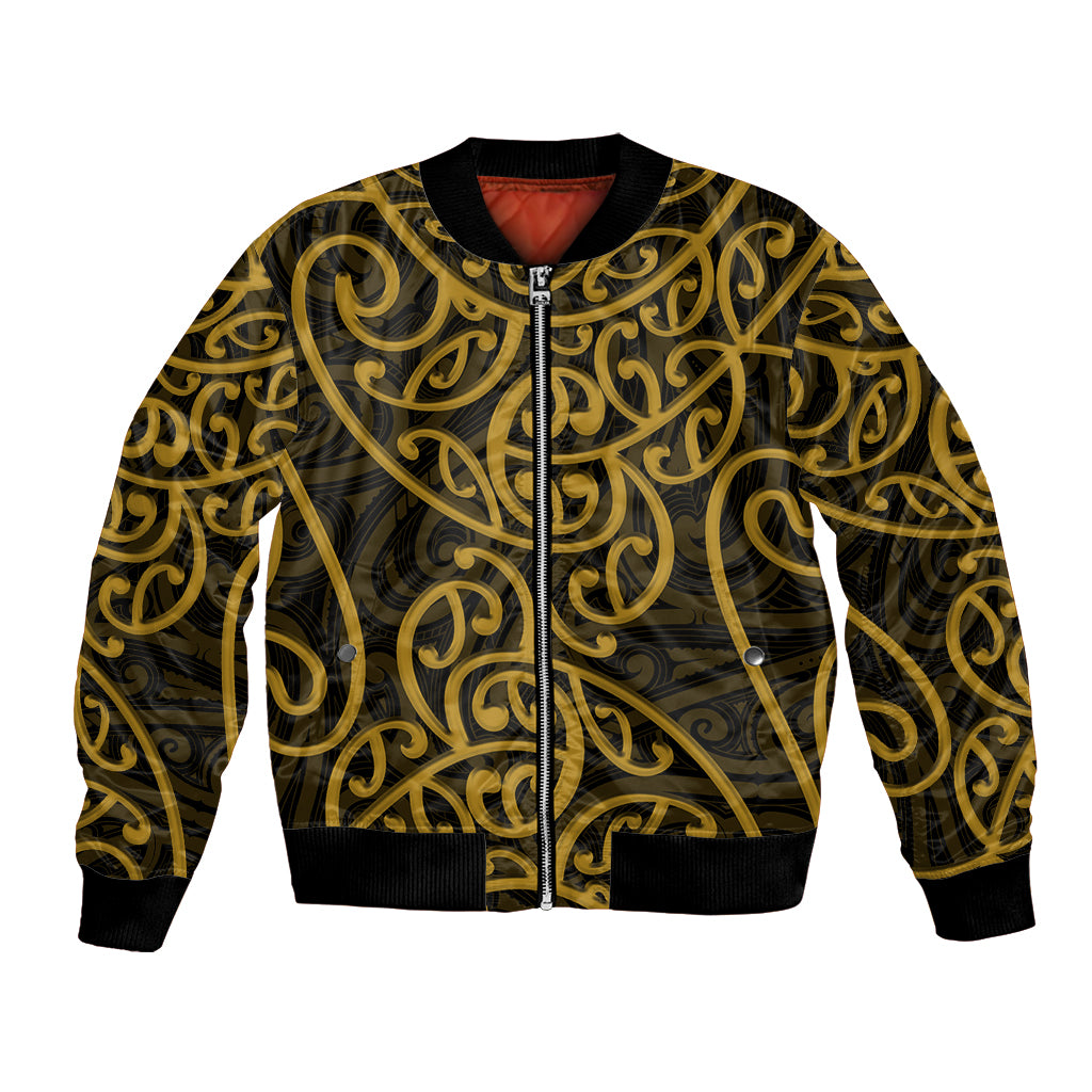 Bomber jacket with gold swirl Maori pattern, black ribbed collar, full-length zipper