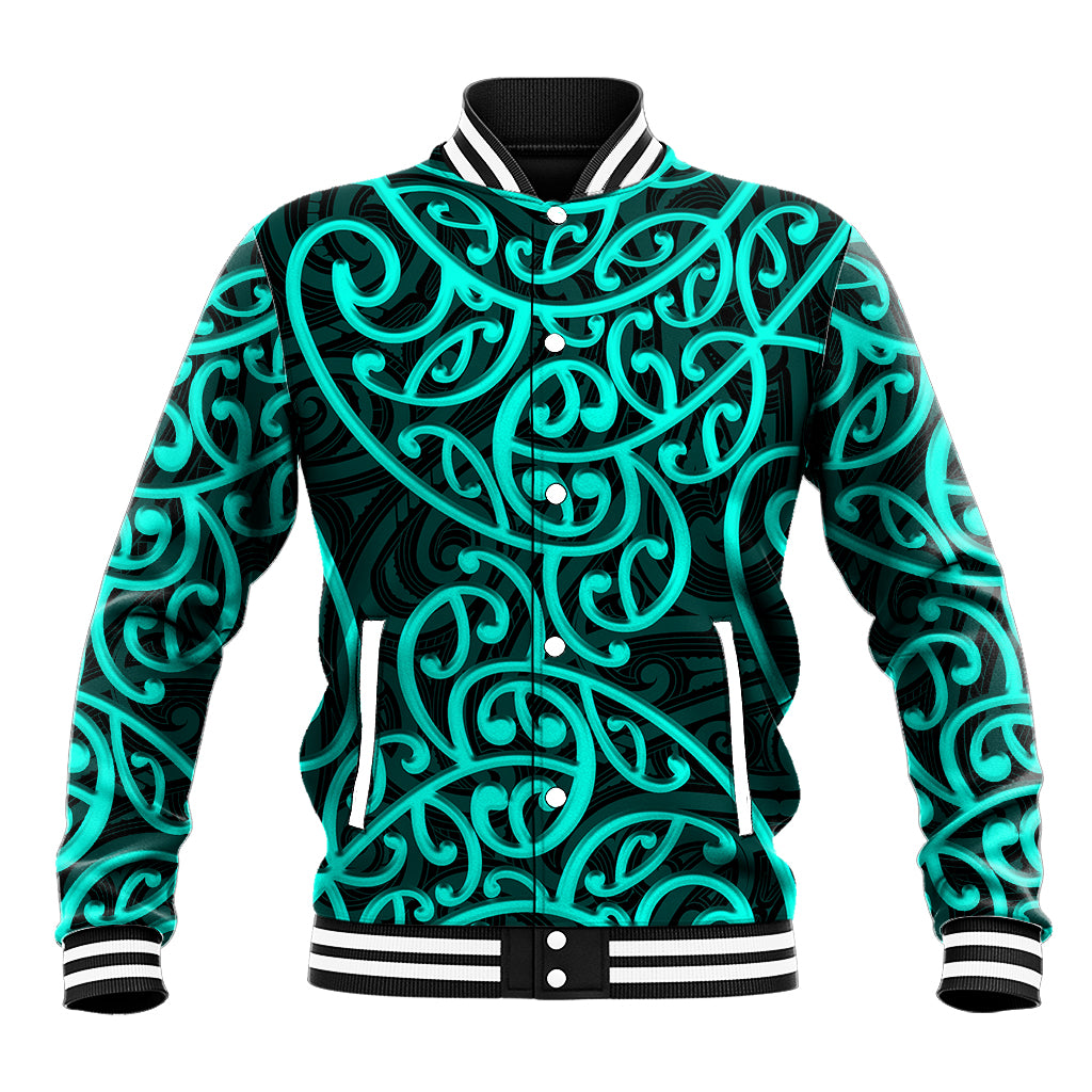 Turquoise and dark green baseball jacket with Maori swirl print, striped ribbed front and cuffs