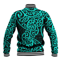 Turquoise and dark green baseball jacket with Maori pattern, striped ribbed collar and cuffs