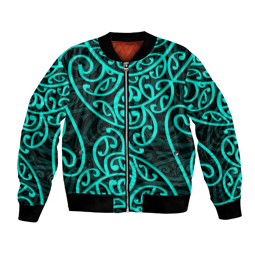 Bomber jacket with turquoise Maori-style swirling pattern, front zip, ribbed cuffs